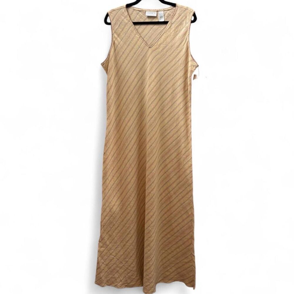 NWT 90s VTG Liz Claiborne 100% Linen Cream Neutral Stripe Maxi Dress size XL